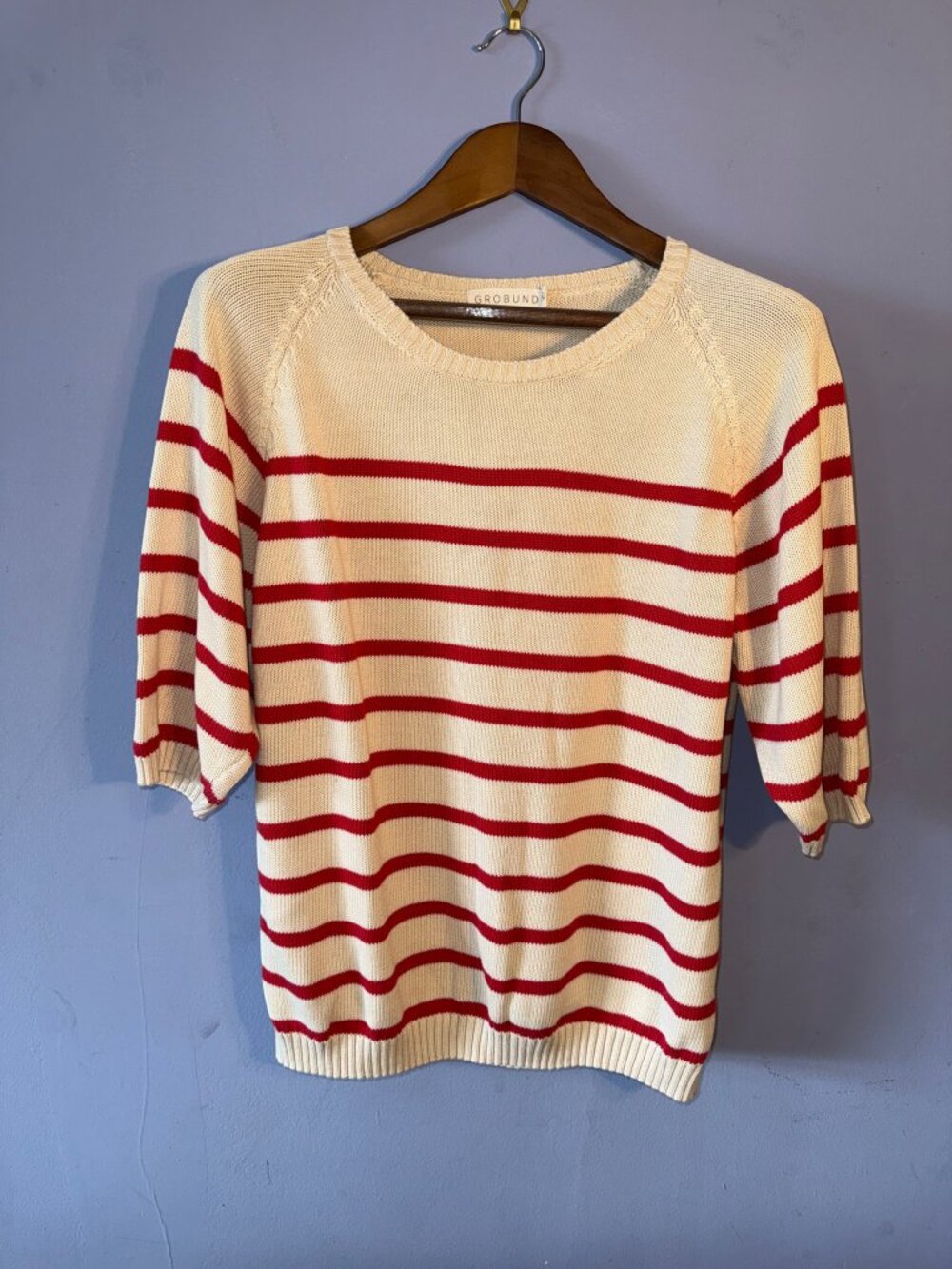 GROBUND Inga Organic Cotton Striped Knit Top Red Raglan Sleeve XL Wolf & Badger